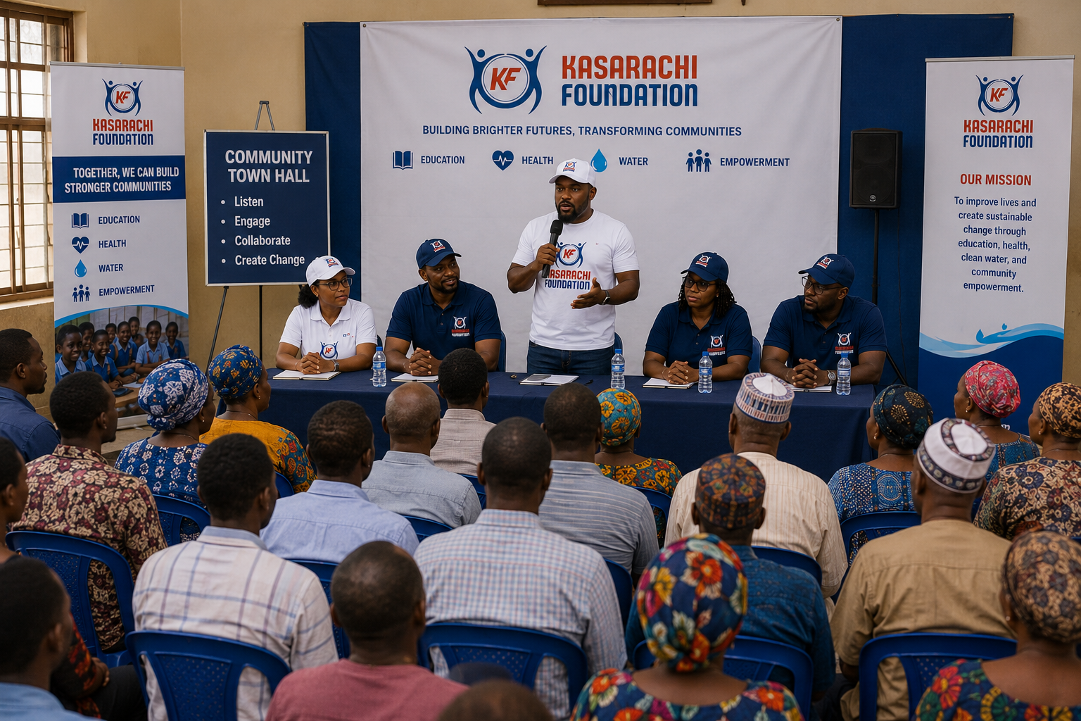 Community leaders and residents at a town hall meeting